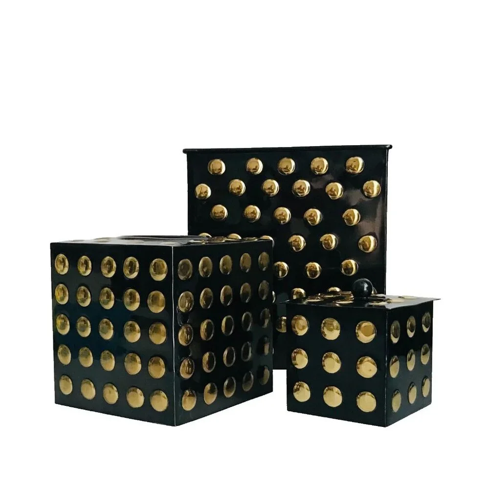 3 Piece Set Black & Gold Polka Dot Bathroom Trash Tissue Nesting Matching Metal